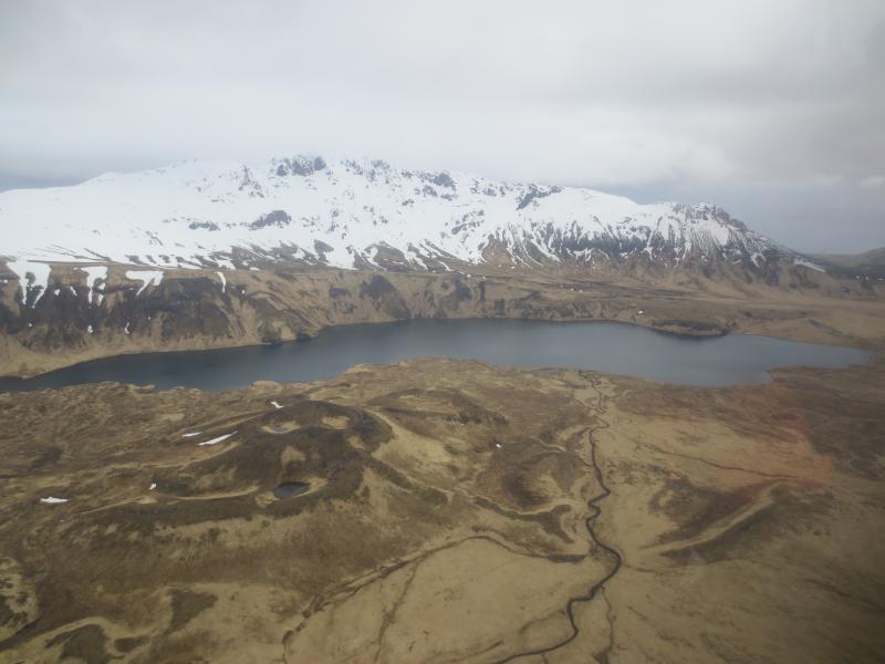 Lakeshore Cone (left of center),  Fenner Lake and Perret Ridge.  View to NE.  Photos of Semisopochnoi Island taken in May 2017 during AVO station maintenance activities and supported by U.S. Coast Guard.  