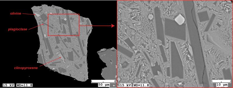 Backscattered electron image of tephra sample collected in Perryville on October 26, 2018. Less than 10% of analyzed grains are highly microlitics, with feathery microlites replacing almost all remaining matrix glass. Sample provided by A.S. and images taken on a JEOL 6510LV Scanning Electron Microscope.