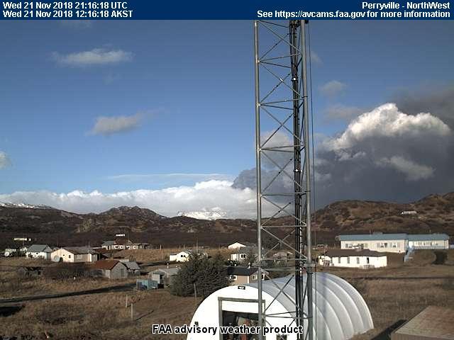 The November 21, 2018 eruption of Veniaminof volcano as seen from the FAA Perryville webcam, located ~21 miles (~33km) south-southeast of the active vent.