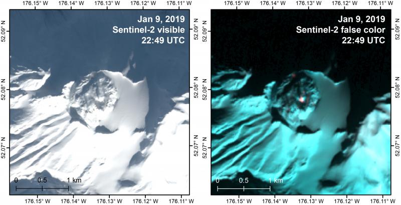 Sentinel-2 view of Great Sitkin acquired at 22:49 UTC on January 9, 2019. The visible (left) and short-wave infrared (SWIR) false color (right) images show a very small steam plume emanating from the central crater, accompanied by SWIR anomalies.