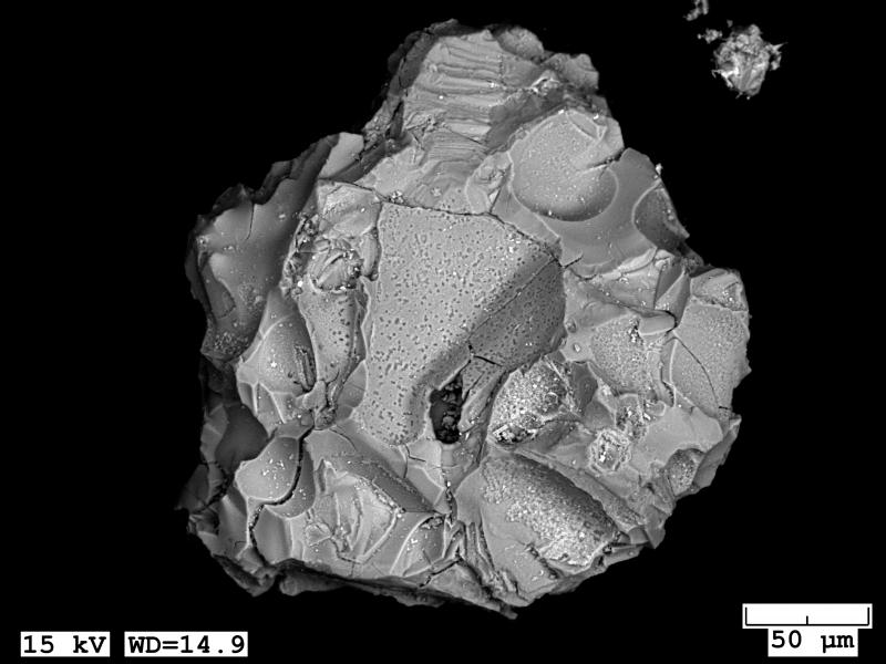 Scanning Electron Microscope image of a tephra grain erupted from Bogoslof on March 8, 2017. Images taken on a JEOL 6510LV Scanning Electron Microscope.