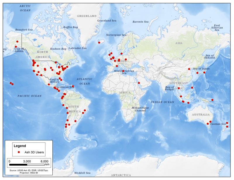 Map showing locations of Ash3D users worldwide.  Ash3D is a numerical atmospheric transport model developed by the USGS to provide forecasts of expected ash dispersion (ash clouds) and deposition (ashfall). 