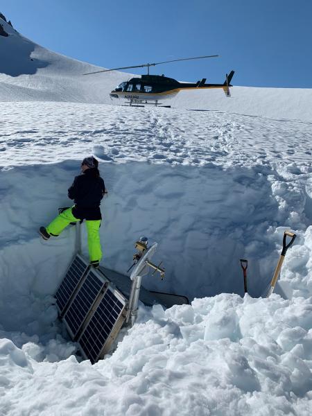 AVO&#039;s geophysics crew conducting fieldwork at station ILLG, on the Illiamna Lateral Glacier. Photos by Ellie Boyce, UAFGI/AVO.