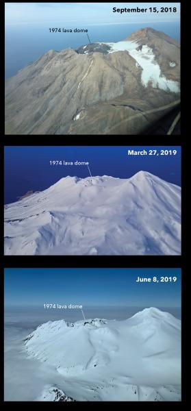 Similar perspective views of the Great Sitkin summit. No obvious changes in the configuration of the 1974 lava dome associated with phreatic emissions apparent. Top and bottom photos by D. Clum, middle photo by S. Rhodes.