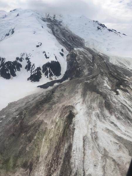 Photo of Red Glacier avalanche that occurred on 6/21 ~00:05 UTC (6/20 ~4:05 pm AK). Description from the photographer: &quot;attached pics from a fly by this past Friday evening.  The slide appeared a few days old at that point, and seemed to originate near the summit.  The slide &amp; debris are visible from across the inlet now as well.  Debris field approx 2+ miles wide &amp; the toe.  Pretty impressive slide altogether!&quot;
