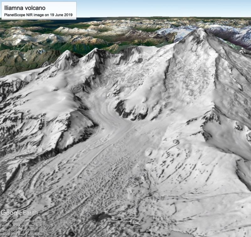 PlanetScope near-infrared scene from June 19th, 2019 (approx. 1 day before June 21 Red Glacier avalanche) converted to grayscale and draped over Google Earth topography. Direction of view is approximately WSW.