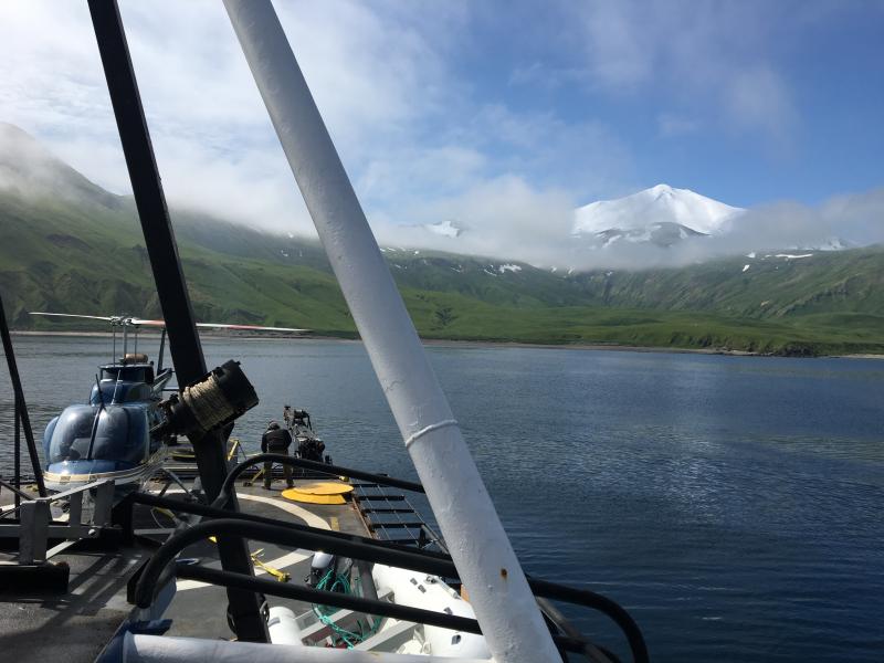 View of Great Sitkin volcano from the deck of the Steadfast, anchored in Middle Yoke Bay.