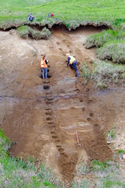 Geologists Dawnika Blatter and Hannah Dietterich measuring a tephra section on SE Adagdak. 