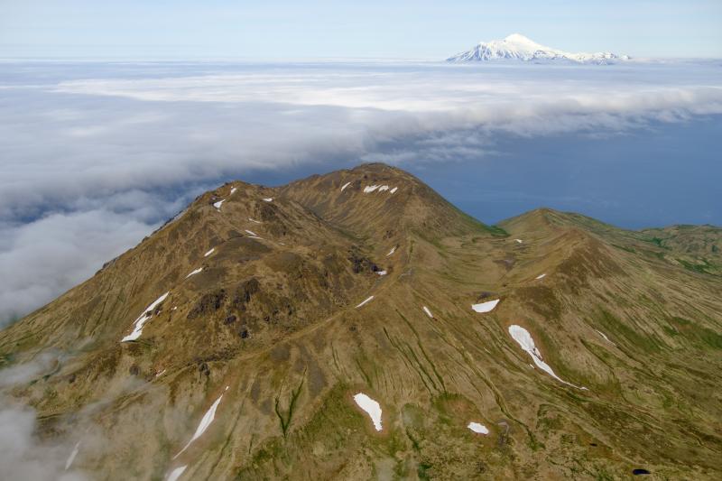 Aerial view of Adagdak summit with Great Sitkin in the background.