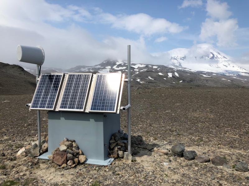 Station HAG on the southern flank of Pavlof volcano. The station was upgraded in 2019 to include an infrasound sensor in addition to a broadband seismometer. 