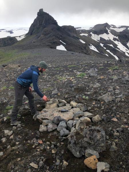 Dane Ketner, USGS-AVO, finishing up the WESN seismic station installation on Westdahl Volcano. 