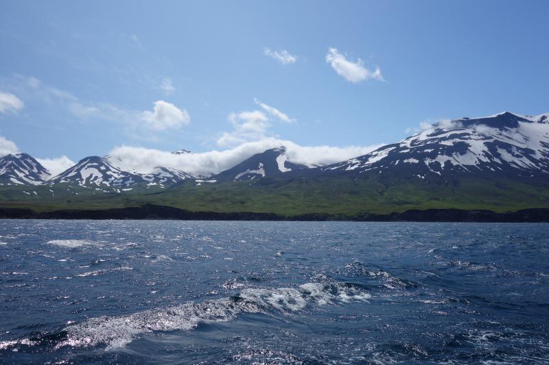 Northeast shore of Atka. Volcanic features from left to right are Kliuchef , Konia (top obscured by clouds) and Korovin (far right). Photo taken from the M/V Steadfast.
Station ID = 19AAJRS004