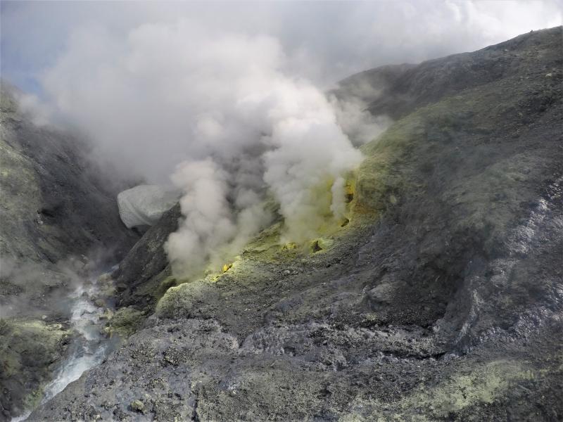 Fumaroles and sulfur deposits at the summit of Makushin volcano.
Makushin summit hike by Jacob Whitaker, August 8, 2019.