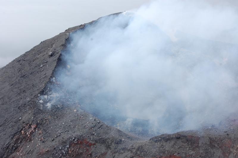 Photos of the summit crater of Cleveland Volcano.  Though gas obscured a clear view into the crater, we could make out a &quot;doughnut&quot; shaped lava dome with a collapse crater in the center. 