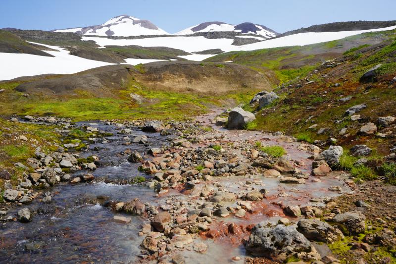 Mixing of glacier melt-water and thermal waters from the Milky River site on the flank of Korovin volcano.