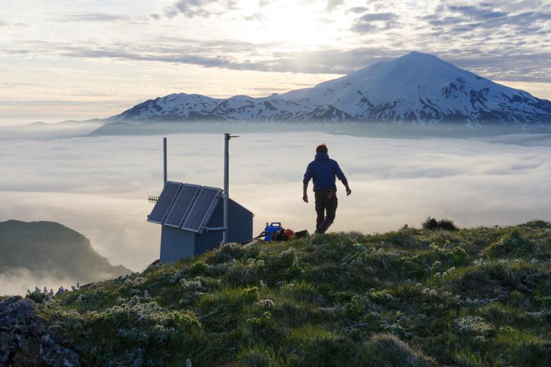 Dane Ketner (USGS) at Great Sitkin volcano monitoring station GSIG