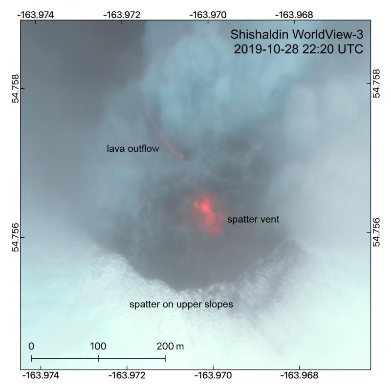 This near infrared multispectral DigitalGlobe image from October 28 22:20 UTC shows the summit crater of Shishaldin. A lava flow spilling out of the crater can be seen on the northwest side. The central spatter cone is cloaked in steam within the crater, with a steam plume drifting to the NE and deposits of spatter on snow on the upper slopes.