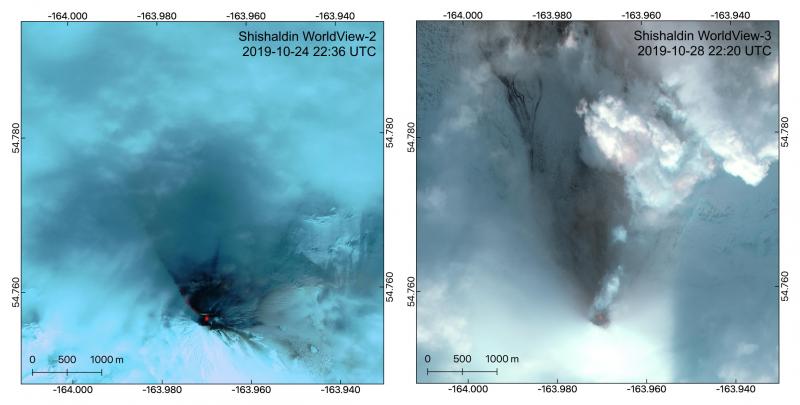 Progression of Shishaldin Eruption as seen in a comparison between DigitalGlobe imagery acquired on October 24 and 28, 2019. Lahars and pyroclastic deposits to the north are much more extensive on October 28, and the summit spatter cone and active lava flow can be seen as bright in near infrared (red pixels) in both images.