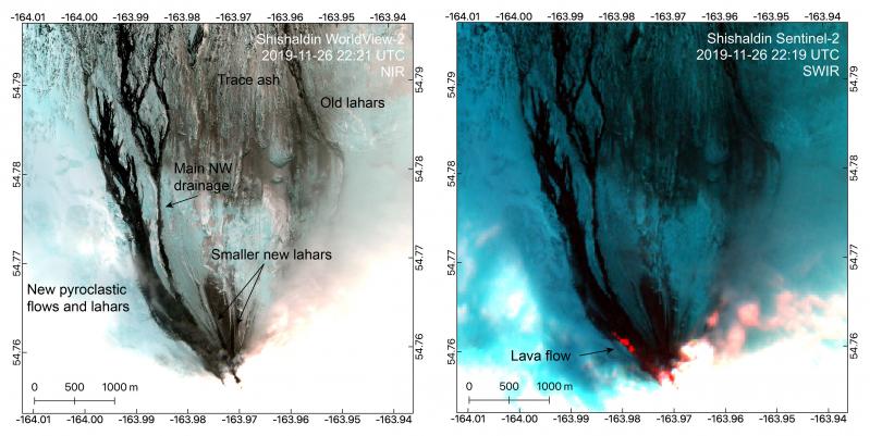 Sentinel-2 and WorldView-2 captured good views of recent ash and pyroclastic density current deposits, as well as lahars and a lava flow, on these November 26 images of Shishaldin Volcano. The summit is largely obscured by vigorous steaming but a near-infrared (NIR) anomaly shows the vent at the top of the active scoria cone. The lava flow is apparent in the short-wave infrared (SWIR) bands in the Sentinel-2 image with a run out of ~1 km. New lahars on the northwest flank can be traced into drainages that extend all the way to the coast. Others reach ~4.7 km to the NW and ~1 km to the N. Trace ash deposits extend at least 7 km to the north, while a thicker northward directed deposit extends ~1.5 km from the vent. The package of flows to the NW include lahars in meltwater channels as well as pyroclastic density current deposits. The furthest of these pyroclastic density currents went about 3.4 km from vent. 