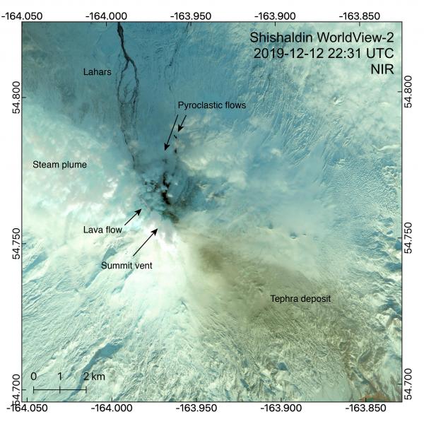 Annotated near-infrared image showing recent deposits at Shishaldin. A new tephra deposit is seen on the snow extending ~10 km to the southeast. Pyroclastic flow deposits to the north run out 3.5 km and contain blocks as large as 3 m. A new lava flow to the northwest appears as a thin red line extending from the red summit vent, and this reaches a length of ~3 km. Lahars continue to the northwest, reaching all the way to the north coast of Unimak.