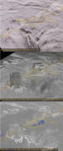 Shishaldin ash plume in visible, mid-infrared, and brightness temperature difference satellite images (Suomi-NPP VIIRS). 