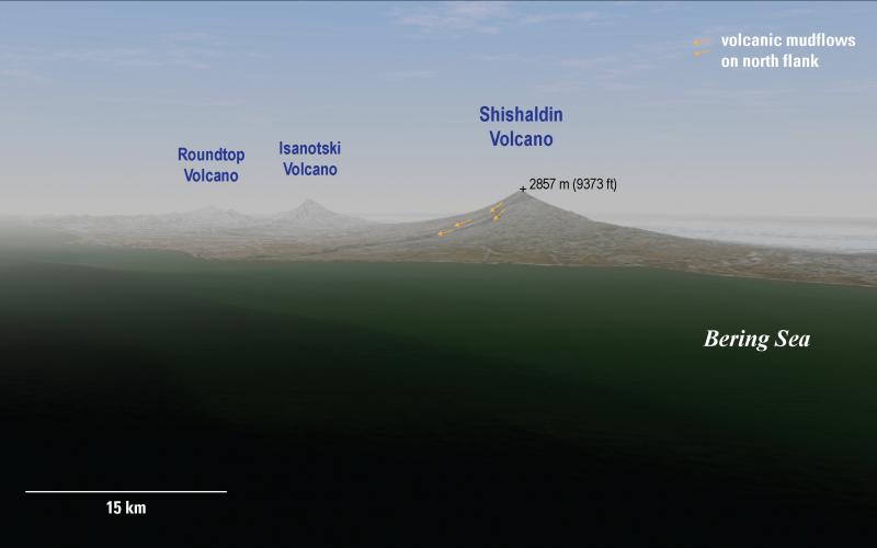 Location of volcanic mudflows (lahars) on the north flank of Shishaldin Volcano. Landsat 8 image drape on digital elevation model of Unimak Island; view is toward the southeast. Most of the lahars generated so far in the 2019-20 eruption are water rich flows that have reached the lower north flank of the volcano, roughly 4-7 km beyond the summit crater.