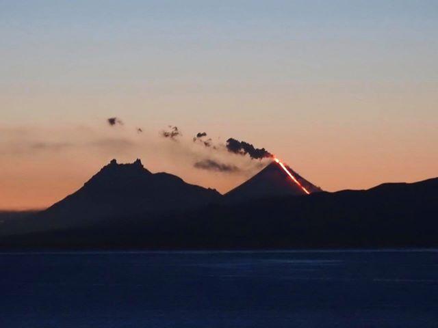 Shishaldin in eruption, the evening of January 18, 2020, as viewed from King Cove. Photo courtesy of Savannah Yatchmeneff. 