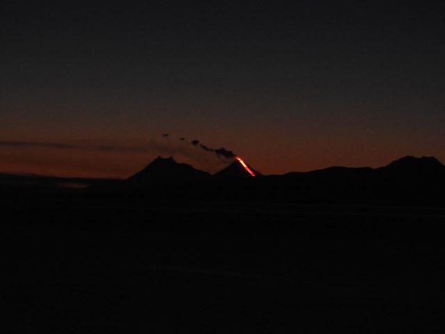 Shishaldin in eruption, evening of Jan 18, 2020, as viewed from King Cove. Photo courtesy of Savannah Yatchmeneff.