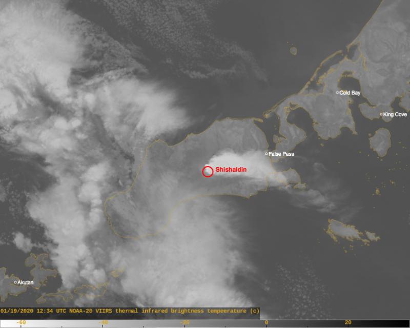 Thermal infrared satellite image showing the gas and ash eruption cloud from Shishaldin Volcano. The cloud extends east of the volcano at an altitude of about 28,000 ft above sea level. Image collected at 1234 UTC (0334 AKST) on January 19, 2020. 