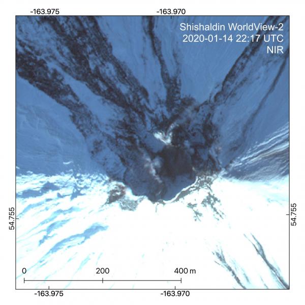 WorldView-2 image from January 14, 2020 of the summit crater of Shishaldin showing weak steam plumes and no near-infrared anomalies during a lull in activity. 