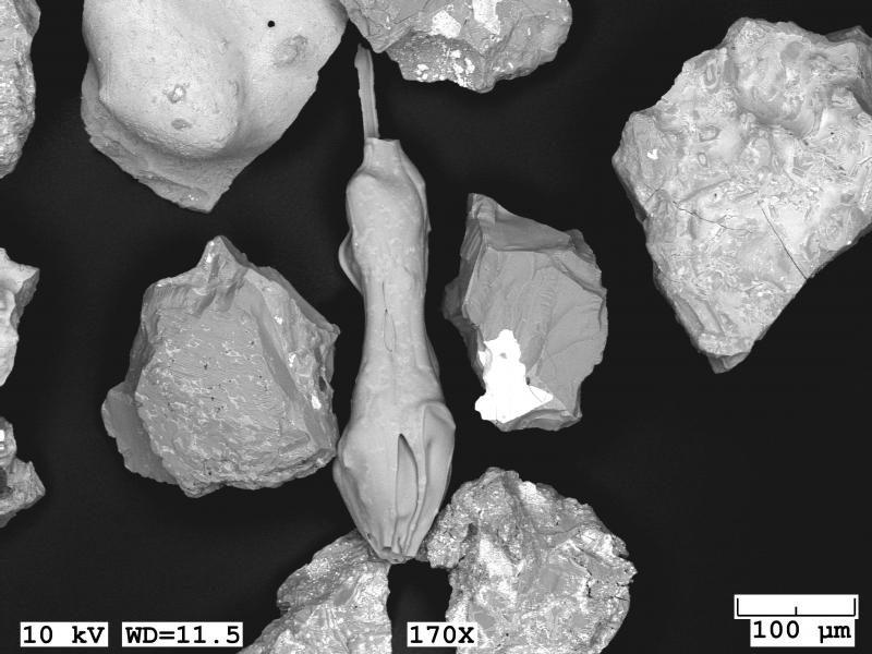 Scanning electron microscope (SEM) image of tephra morphology from material erupted from Shishaldin on December 12, 2019 and collected by AVO field crews on the southeast flank on December 20. Image taken with a JEOL 6510LV SEM in low vacuum mode. 