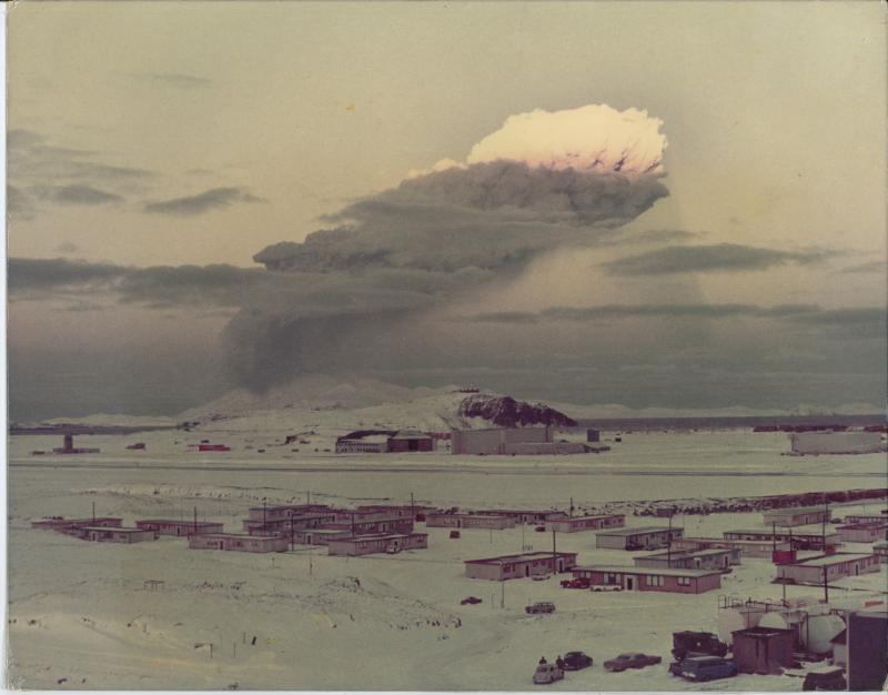 Photo of Great Sitkin eruption (1974) taken from Adak Naval Station