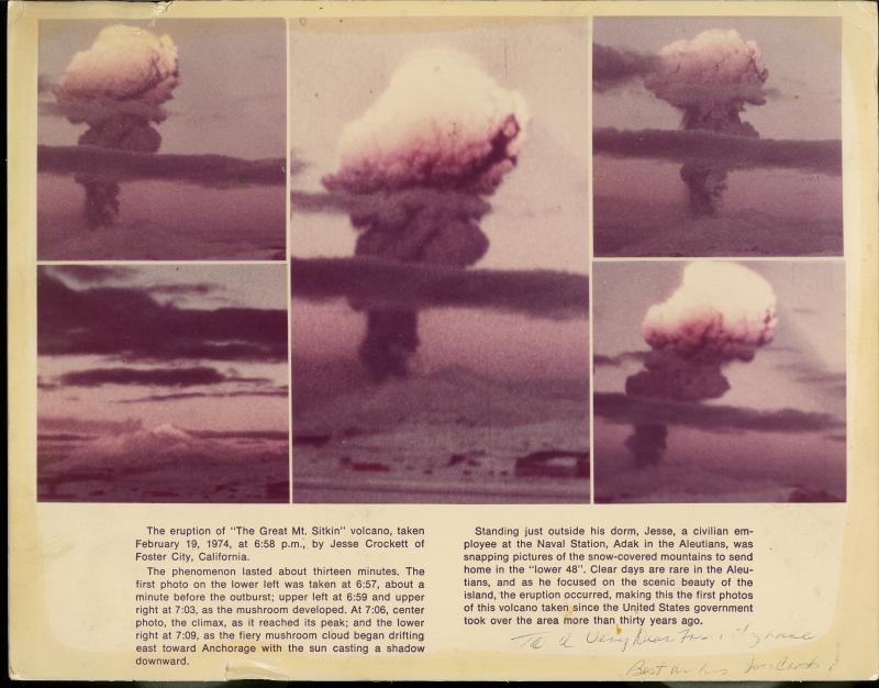 A five photo collage of the February 19th, 1974 eruption of Great Sitkin taken from Naval Station Adak. Further description is printed on the collage itself.
