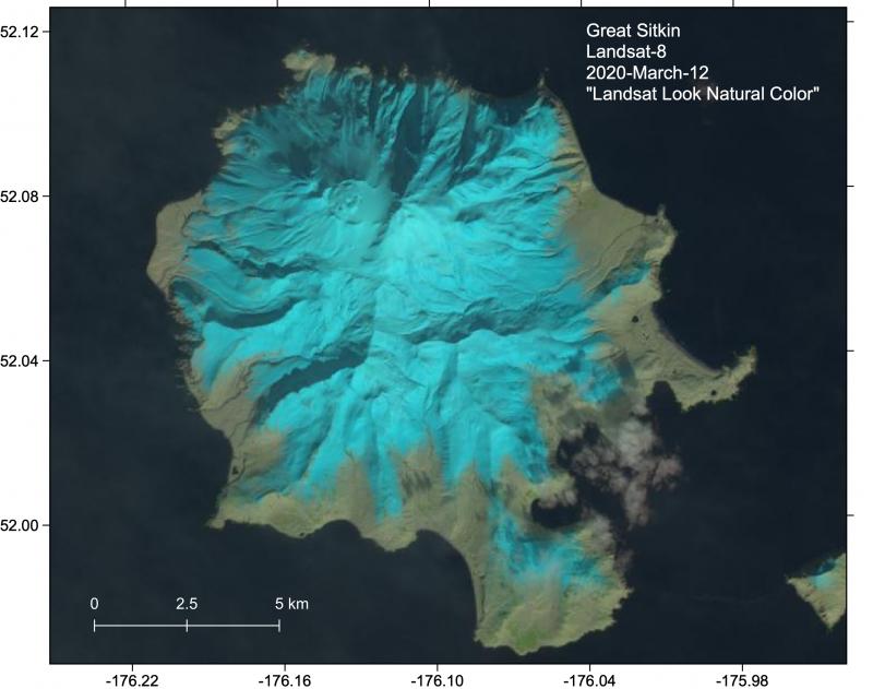 Clear Landsat-8 false color satellite image of Great Sitkin showed no evidence for surface activity. 