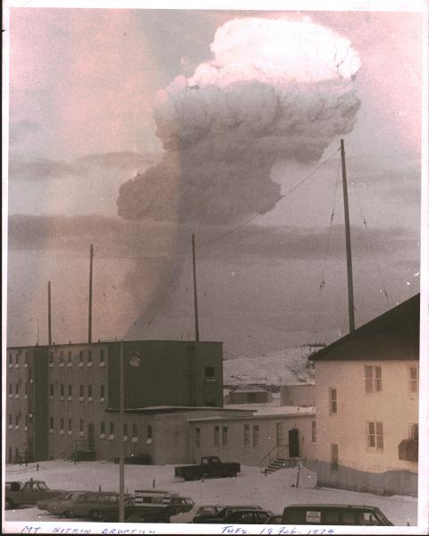 Caption written on photo: "Mt Sitkin eruption Tues. 19 Feb. 1974"