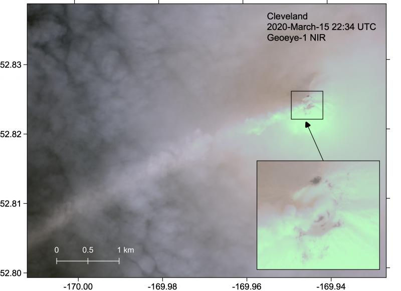 Geoeye-1 near-infrared satellite image of Cleveland volcano showing a steam plume and a peek at the edge of the lava dome within the summit crater.