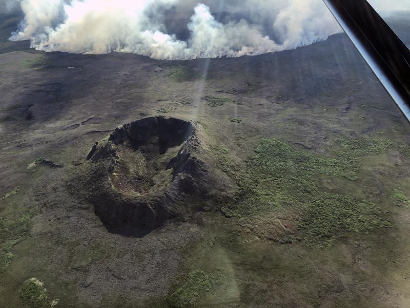 Ingakslugwat volcanics, with non-volcanic forest fire, June 1, 2020. Photo courtesy of Matt Snyder, Alaska Division of Forestry.