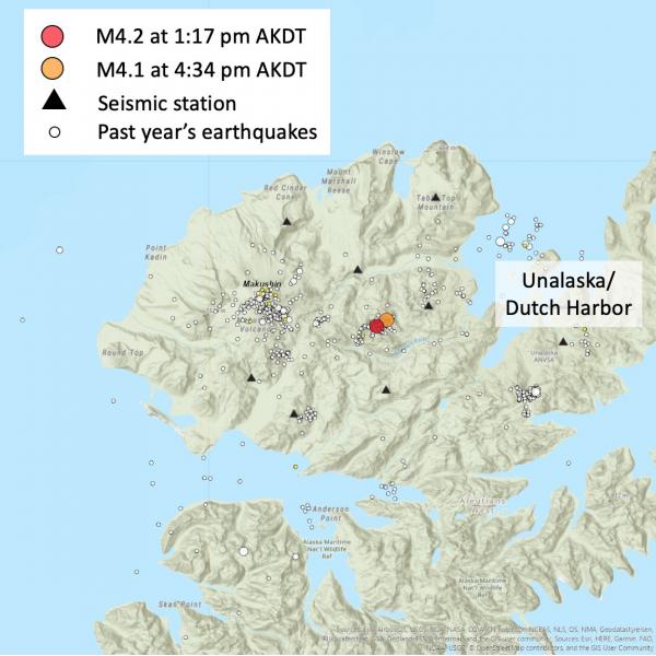 Figure of seismic network and recent larger earthquakes at Makushin Volcano. Seismic stations marked with black triangles. The location of the two larger earthquakes located June 15, 2020 are shown (red and orange circles). Earthquakes located within the past 12 months are shown as white circles. The location of the community of Unalaska/Dutch Harbor is also shown. Figure by Matt Haney, USGS/AVO.