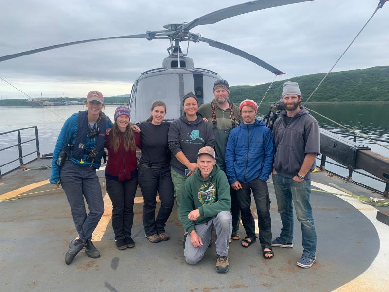 From left to right; Amalia (boat deckhand), Fiona Eberhardt, Alex Iezzi, Gayla (boat cook), Max Kaufman(kneeling), Cyrus Read, Wyatt Mayo, and Ben Neel (heli pilot).  This was a good crew.
