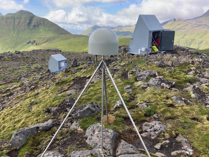 Ellie Boyce (AVO-UAF/GI) working at seismic-geodetic monitoring site AKBB/AV10, Akutan Volcano, in August 2020.