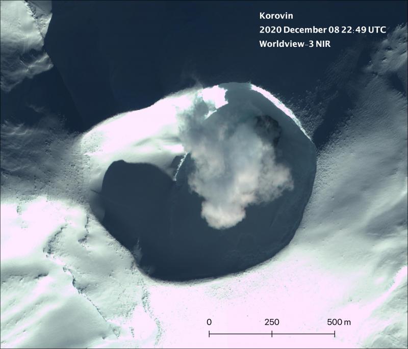  Worldview-3 satellite image of the Korovin summit crater with typical steaming from the crater lake and no other unusual features.
