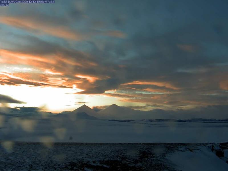 Sunrise view of Pavlof and Pavlof Sister, December 12, 2020, from AVO&#039;s BLHA webcam.