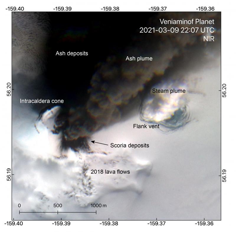 Clear Planet satellite imagery of the eruption on March 9 showed ash emissions from the intracaldera cone, depositing coarse scoria on the cone and ash to the north and east of the cone up to 16 km away. A steam plume emanating from a melt pit in the intracaldera glacier reveals the eruption of lava from a flank vent ~1 km (0.6 miles) east of the cone summit on the cone flank under the intracaldera glacier.