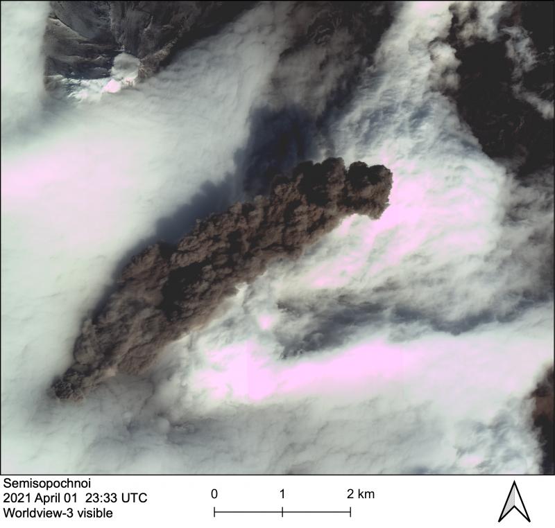 Small eruption plume on Semisopochnoi on April 1, 2021, originating from North Cerberus crater beneath the clouds. Plume appears ash-rich. No widely dispersed ash-signature was detected in later satellite data, however, an SO2 plume was detected a little over an hour later to the northeast.
