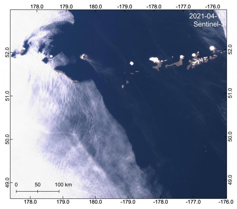 Sentinel-3 image captures an eruptive plume from Semisopochnoi volcano drifting southeast and extending &gt;330 km from the vent.