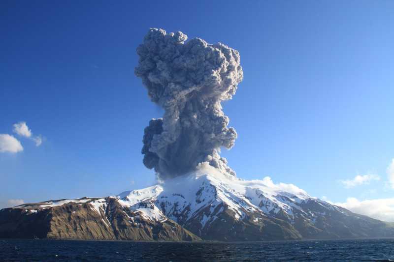 Eruption plume of Great Sitkin volcano captured by Lauren Flynn (USFWS) from the R/V Tiglax on the evening of May 25, 2021 at 2106 HADT.