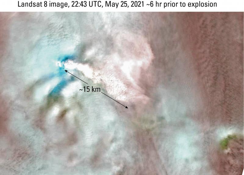 Annotated Landsat 8 image from May 25, 2021, about 6 hours prior to explosion.