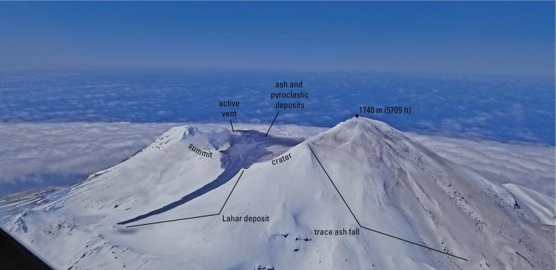 Summit of Great Sitkin volcano showing lahar, ash and pyroclastic deposits associated with the eruption of May 25, 2021.