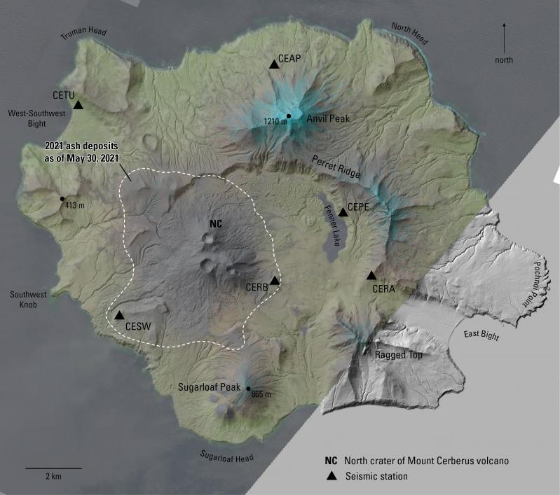 May 30, 2021 Landsat 8 satellite image draped over IfSar hillshade image of Semisopochnoi Island showing approximate extent of ash deposits associated with 2021 eruptive activity. Field teams on the island report that the ash deposits consist of fine grained grey ash that are possibly phreatic in origin. 