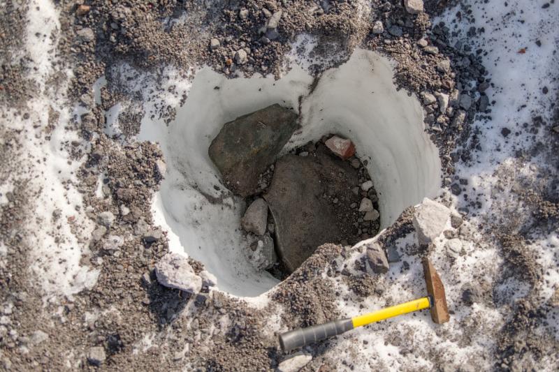 Ballistic and airfall deposits from May 25 eruption on the Great Sitkin summit crater.